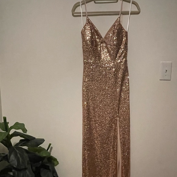 slim fit dress slacks Rose Gold La Femme Long Sequin Prom Dress main image 1
